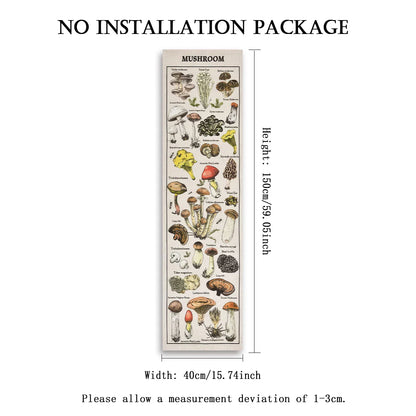 White mushroom botanical banner tapestry supplier image showing illustrated fungi design with labeled dimensions of 59.06 inches height and 15.74 inches width on a white background. — for Carpe Diem Dream
