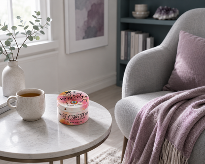The Wild Unknown Pocket Archetypes Deck & Guidebook by Kim Krans resting in a calm reading nook with tea and soft mauve textiles, reflecting the clarity, self-awareness, and intentional living supported through ongoing self-discovery and personal reflection. — for Carpe Diem Dream