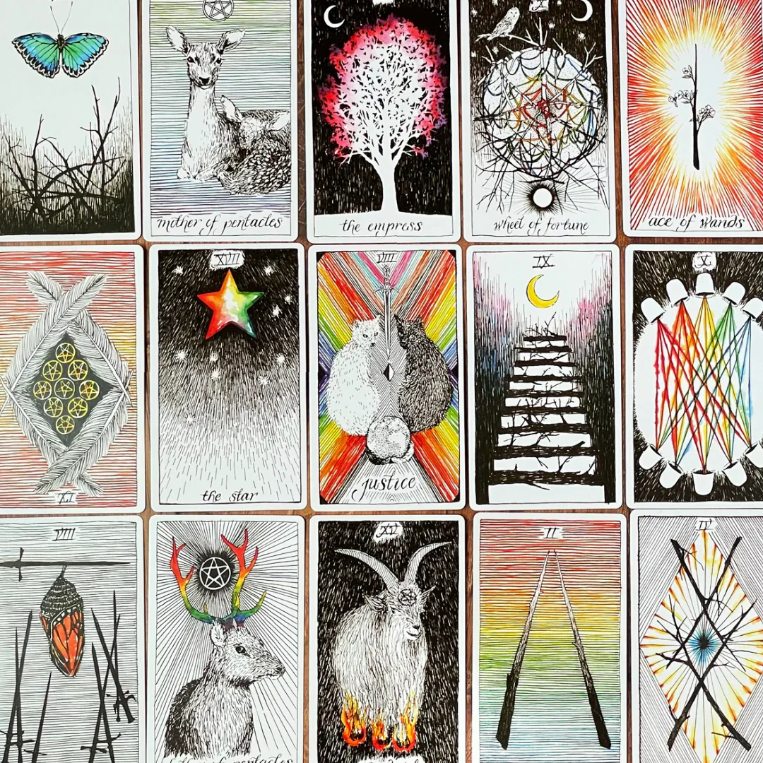 A full layout of illustrated tarot cards from The Wild Unknown Tarot deck displayed in a grid, showcasing the deck’s minimalist black, white, and color-accented artwork. — for Carpe Diem Dream