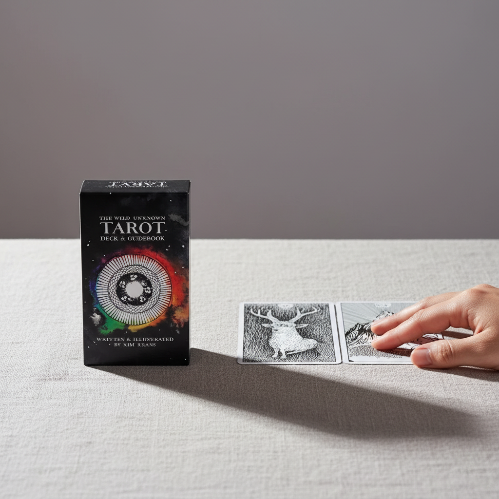 A hand placing tarot cards from The Wild Unknown Tarot deck beside the box on a linen surface, demonstrating a real reading in progress. — for Carpe Diem Dream