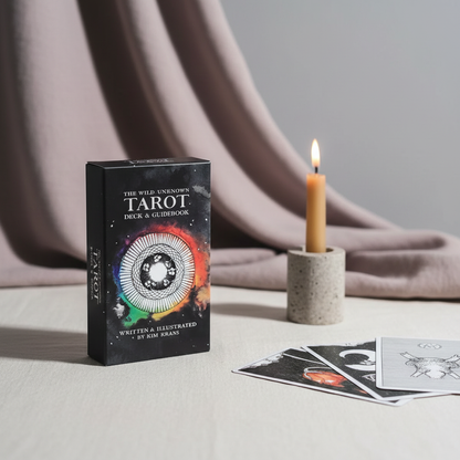 The Wild Unknown Tarot Deck box by Kim Krans displayed on a linen surface beside a lit candle and tarot cards, creating a calm and mindful reading setting. — for Carpe Diem Dream