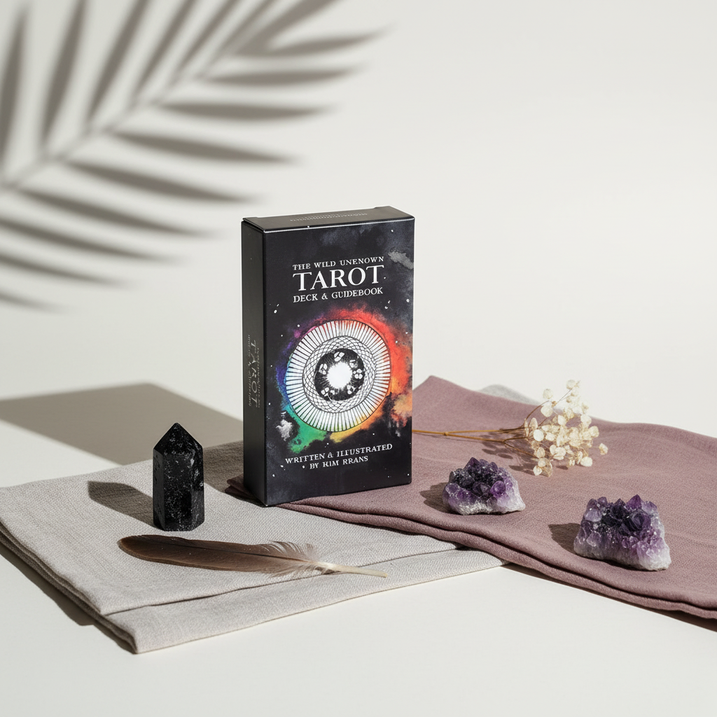 The Wild Unknown Tarot Deck box by Kim Krans displayed on layered linen fabric with crystals, a feather, and a soft botanical shadow on a neutral textured wall. — for Carpe Diem Dream