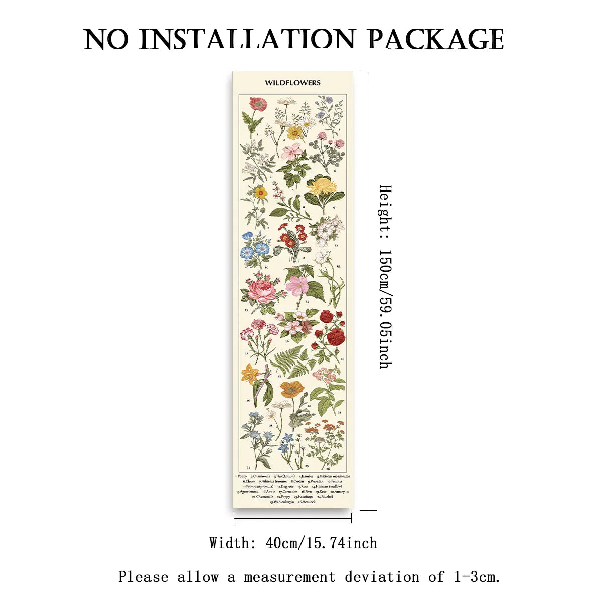 Wildflowers botanical banner tapestry supplier image showing full floral design with labeled dimensions of 59.06 inches height and 15.74 inches width on a white background. — for Carpe Diem Dream