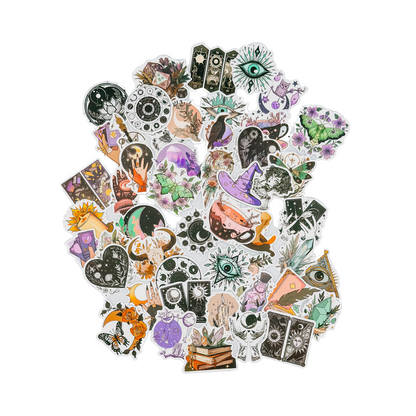 Witchy Boho matte sticker set featuring assorted mystical, celestial, tarot, floral, and witch-themed designs isolated on a white background. — for Carpe Diem Dream