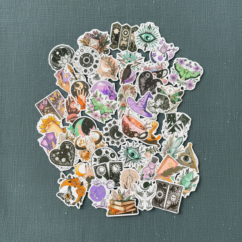 Close-up view of the Witchy Boho matte sticker set featuring assorted celestial, tarot, floral, and mystical designs on a textured teal background. — for Carpe Diem Dream
