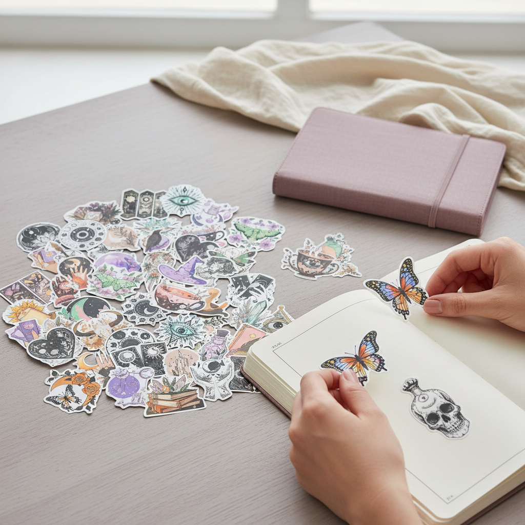 Hands placing butterfly stickers from the Witchy Boho matte sticker set onto an open journal on a neutral desk surface. — for Carpe Diem Dream