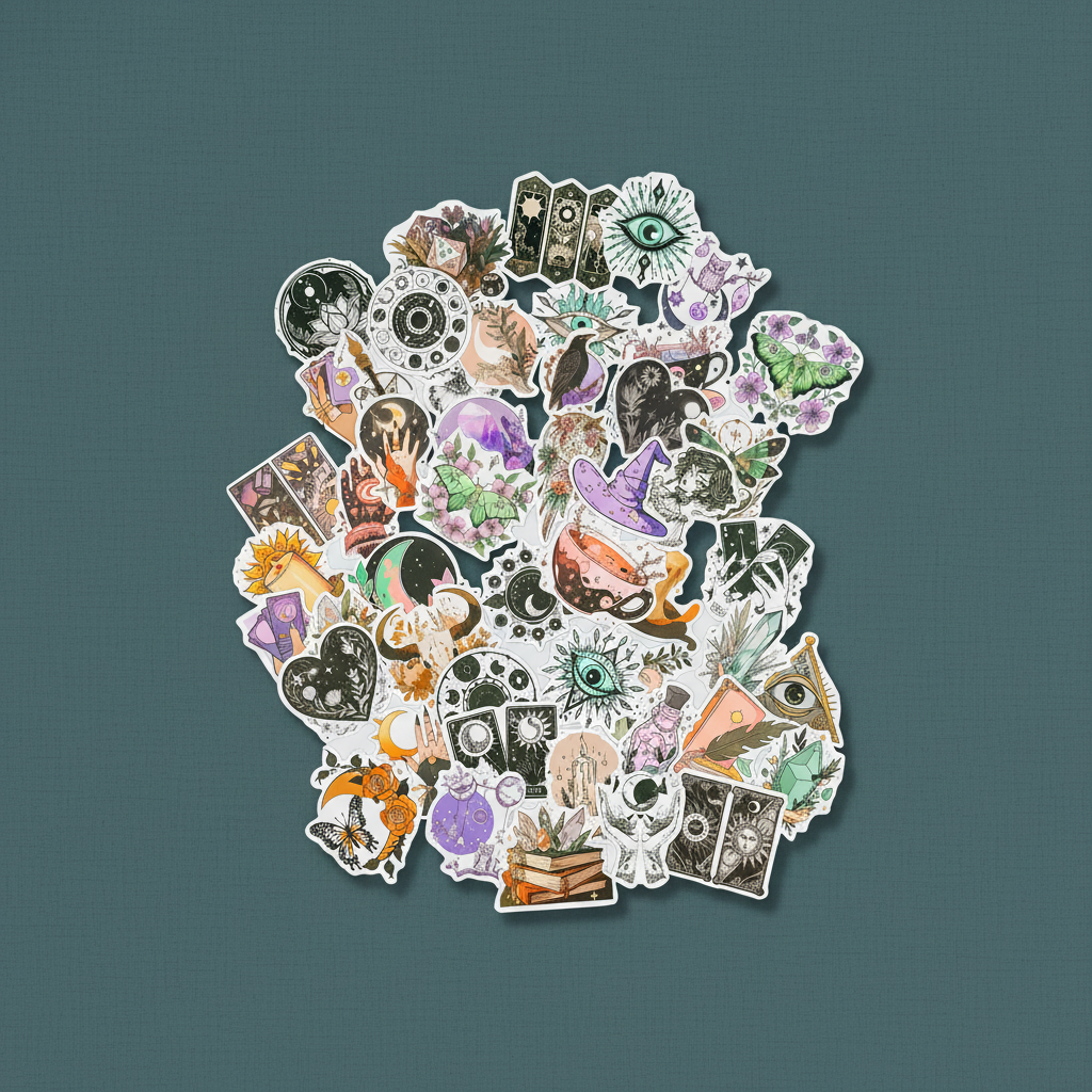 Witchy boho matte sticker set featuring assorted mystical, celestial, floral, and tarot-inspired designs arranged on a muted teal background. — for Carpe Diem Dream