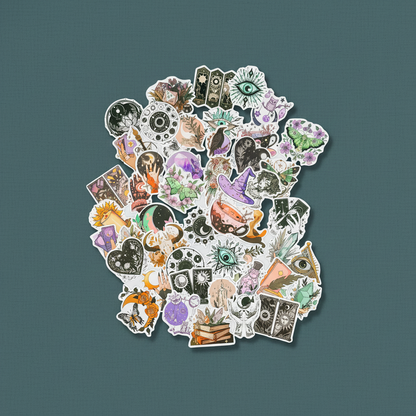 Witchy boho matte sticker set featuring assorted mystical, celestial, floral, and tarot-inspired designs arranged on a muted teal background. — for Carpe Diem Dream