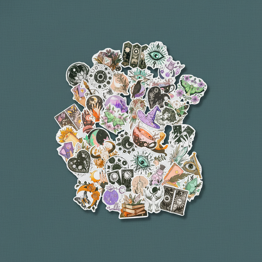 Witchy boho matte sticker set featuring assorted mystical, celestial, floral, and tarot-inspired designs arranged on a muted teal background. — for Carpe Diem Dream