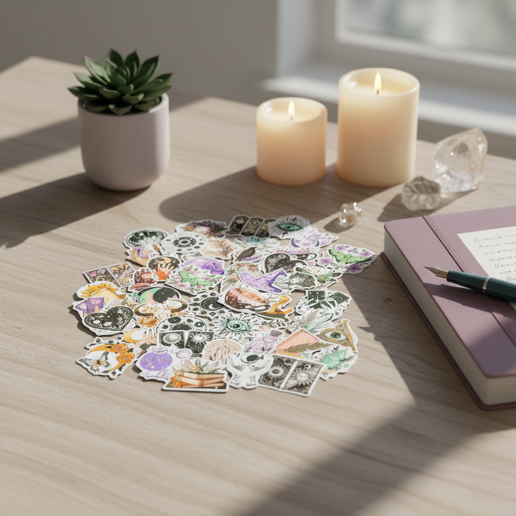 Witchy Boho matte sticker set spread across a wooden desk with lit candles, a journal, pen, succulent, and clear quartz in soft morning light. — for Carpe Diem Dream