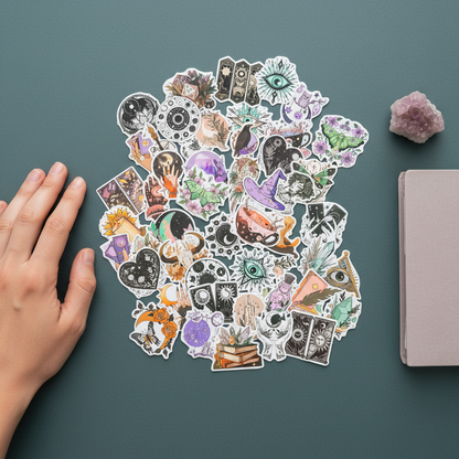 Witchy Boho matte sticker set spread on a muted teal surface with a hand for size reference and a small crystal beside it. — for Carpe Diem Dream