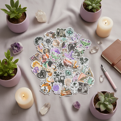 Witchy Boho matte sticker set arranged on soft draped fabric with candles, succulents, and crystals in gentle natural light. — for Carpe Diem Dream