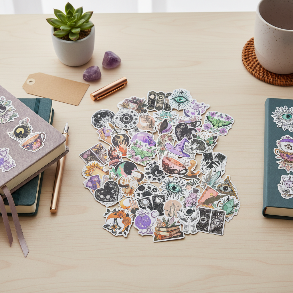 Witchy Boho matte sticker set spread across a wooden desk with journals, pencils, crystals, and planning tools arranged for a creative session. — for Carpe Diem Dream