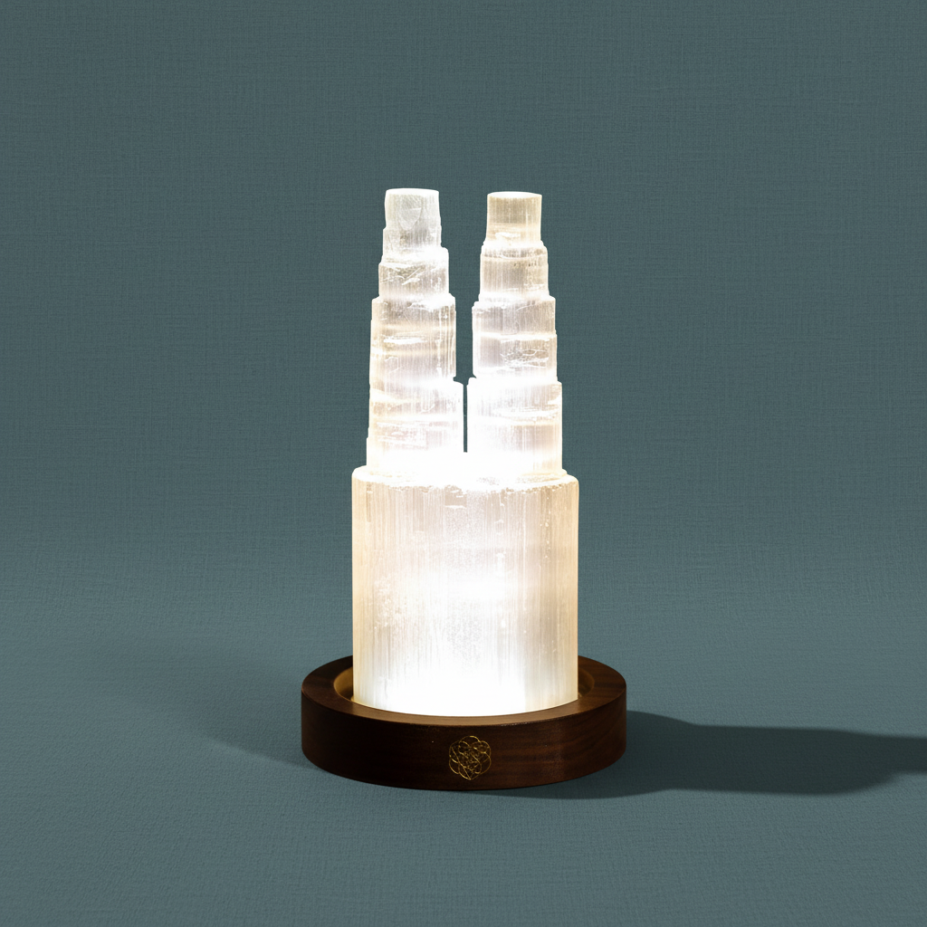 Two tower selenite crystal lamp glowing on a round wooden base against a muted teal background. — for Carpe Diem Dream