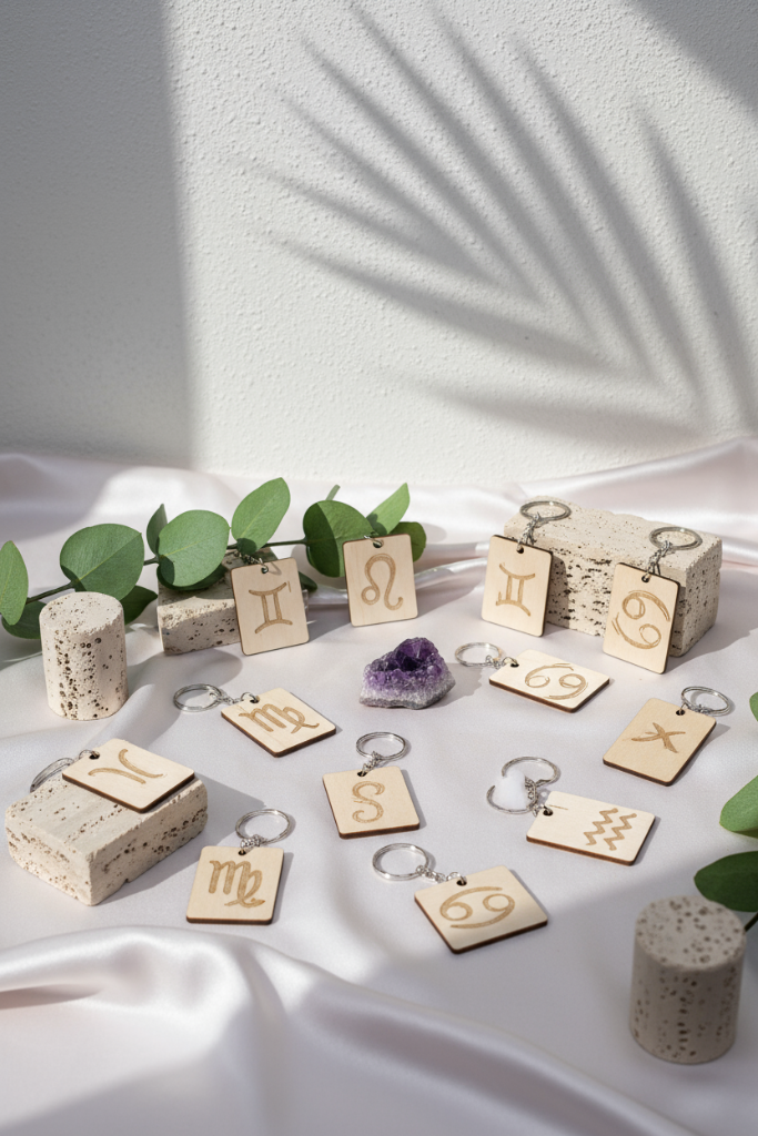 Wood Engraved Zodiac Keychain featuring astrology symbol, handcrafted from natural wood on botanical pink silk cork with amethyst background for Carpe Diem Dream.