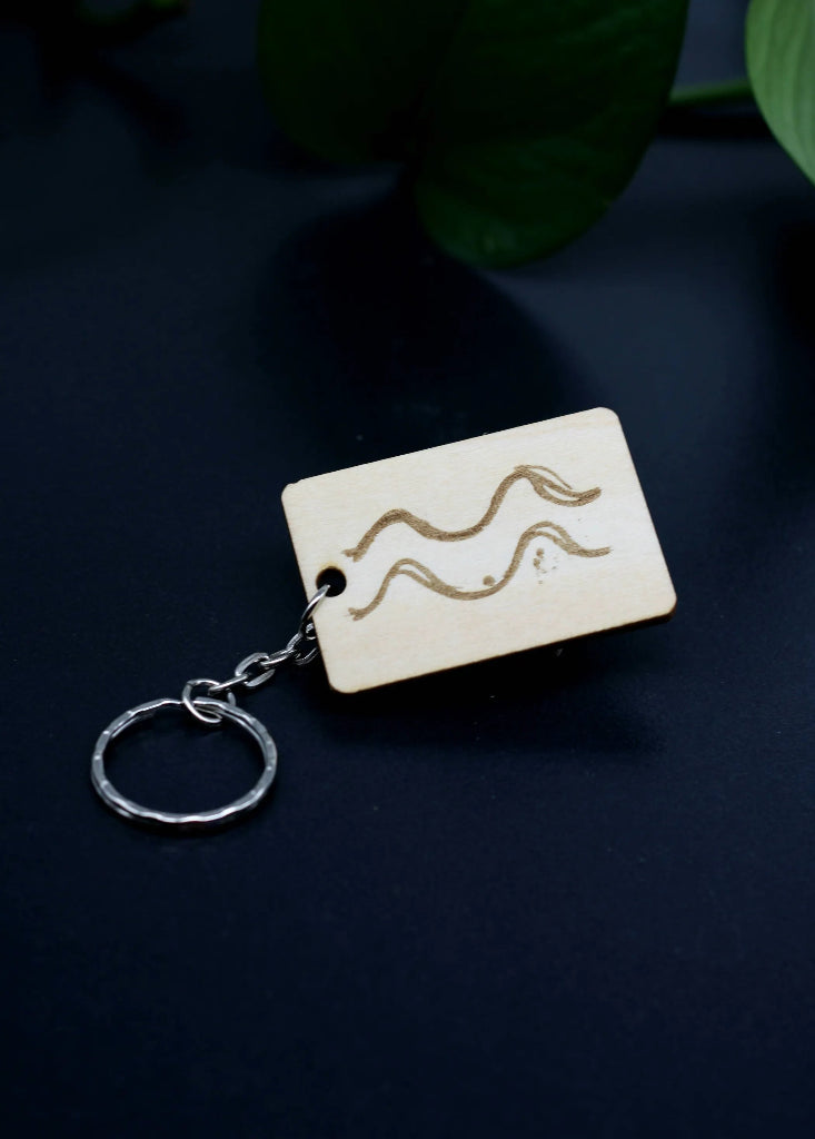 Wood Engraved Zodiac Keychain featuring Aquarius astrology symbol, handcrafted from natural wood blue background with green plant for Carpe Diem Dream