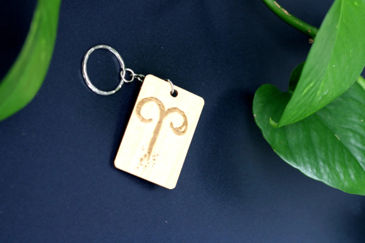 Wood Engraved Zodiac Keychain featuring Aries astrology symbol, handcrafted from natural wood blue background with green plant for Carpe Diem Dream