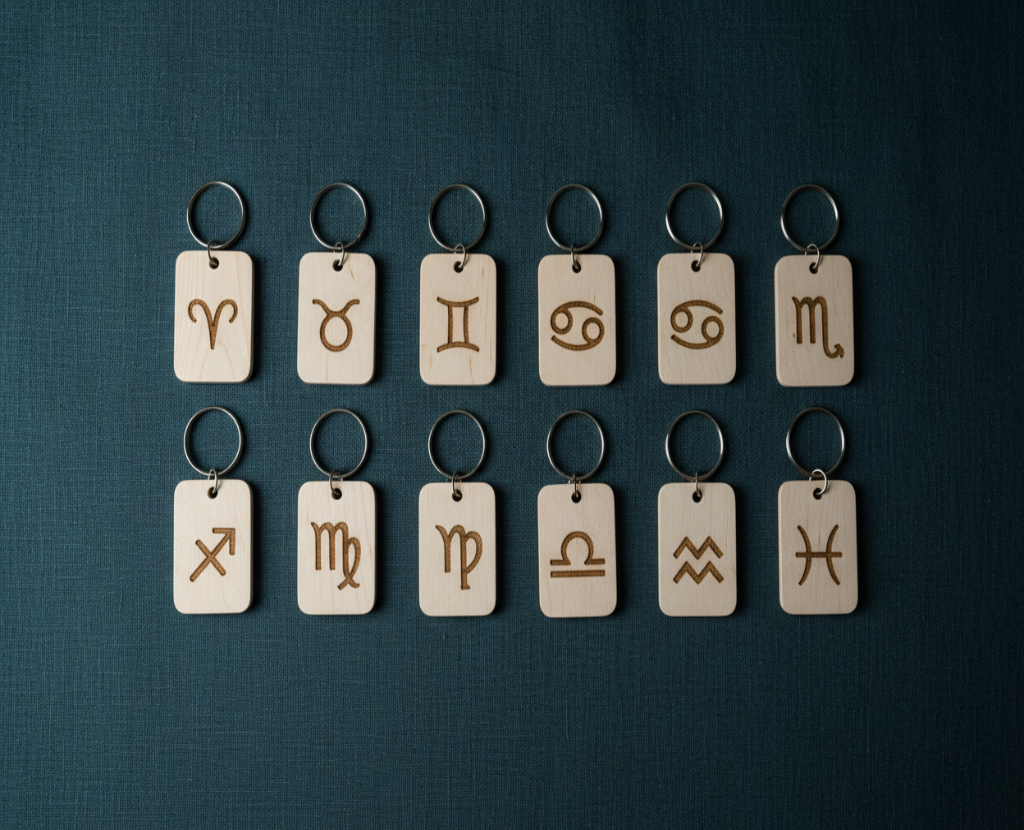 Wood Engraved Zodiac Keychains on Teal-Grey Linen —  for Carpe Diem Dream