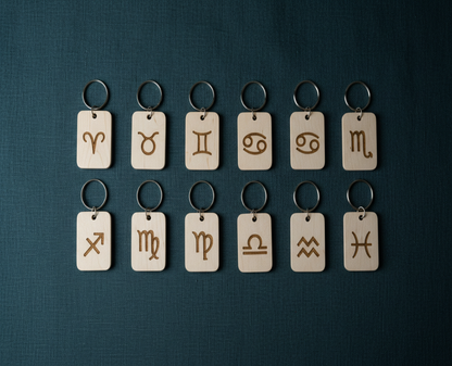 Wood Engraved Zodiac Keychains on Teal-Grey Linen —  for Carpe Diem Dream