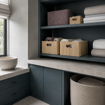 Natural wooden ribbed storage bins styled on built-in shelves with folded linens, dark teal cabinetry, soft stone surfaces, and mauve storage accents. — for Carpe Diem Dream
