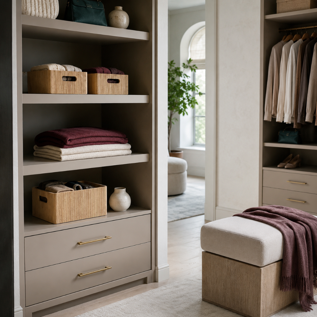 Natural wooden ribbed storage bins styled in an organized walk-in closet with folded linens, soft stone cabinetry, mauve textiles, and calm natural light. — for Carpe Diem Dream