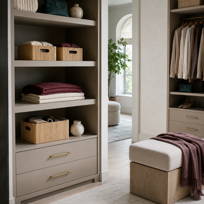 Natural wooden ribbed storage bins styled in an organized walk-in closet with folded linens, soft stone cabinetry, mauve textiles, and calm natural light. — for Carpe Diem Dream