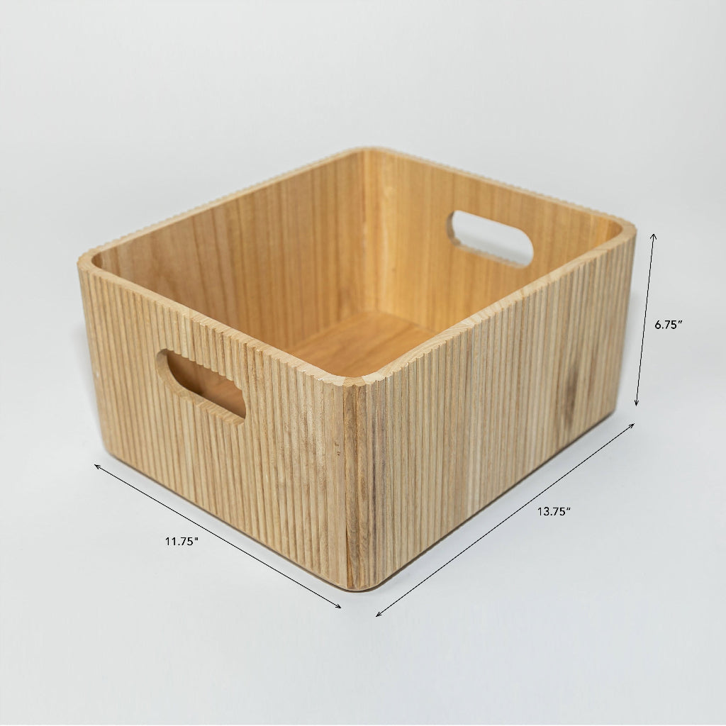 Wooden Ribbed Storage Bins | Natural Paulownia Wood Organizers