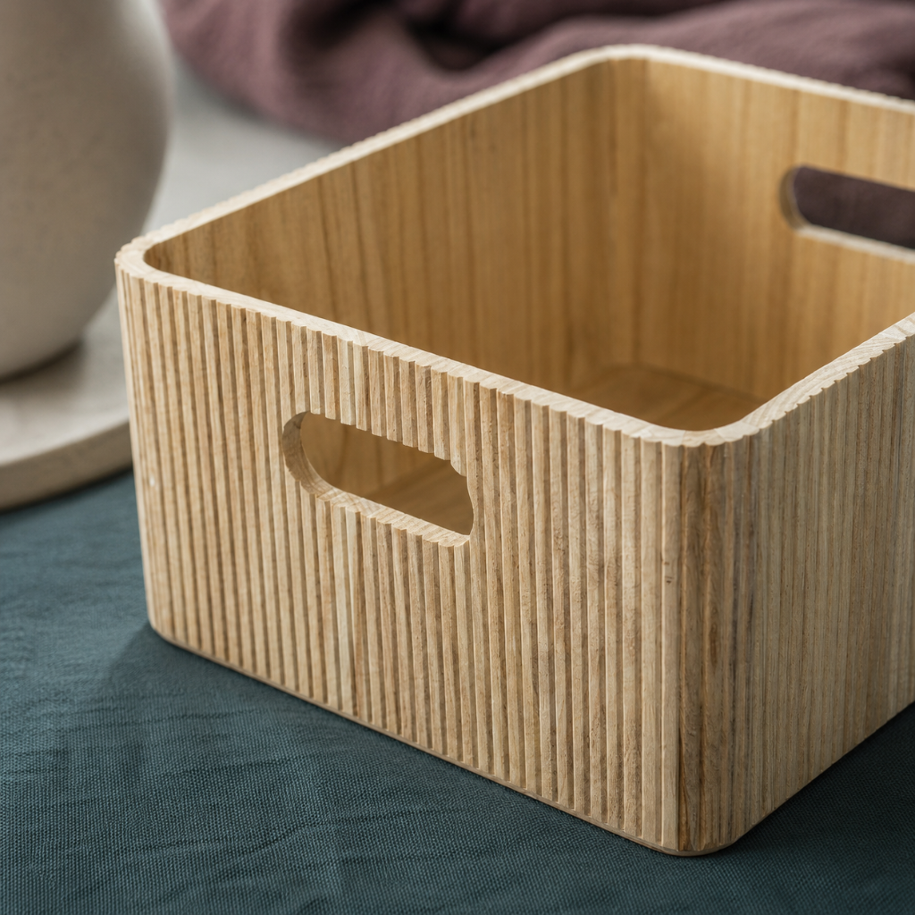 Close-up of a natural wooden ribbed storage bin showing fluted paulownia wood texture, rounded edges, and cutout handle detail. — Carpe Diem Dream