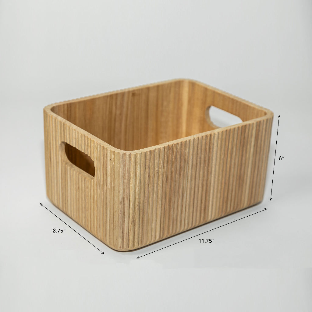 Wooden Ribbed Storage Bins | Natural Paulownia Wood Organizers