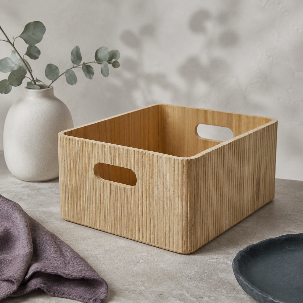 Natural wooden ribbed storage bin styled in a botanical studio with a soft stone surface, warm white ceramic vase, mauve linen, and dark teal accent dish. — for Carpe Diem Dream