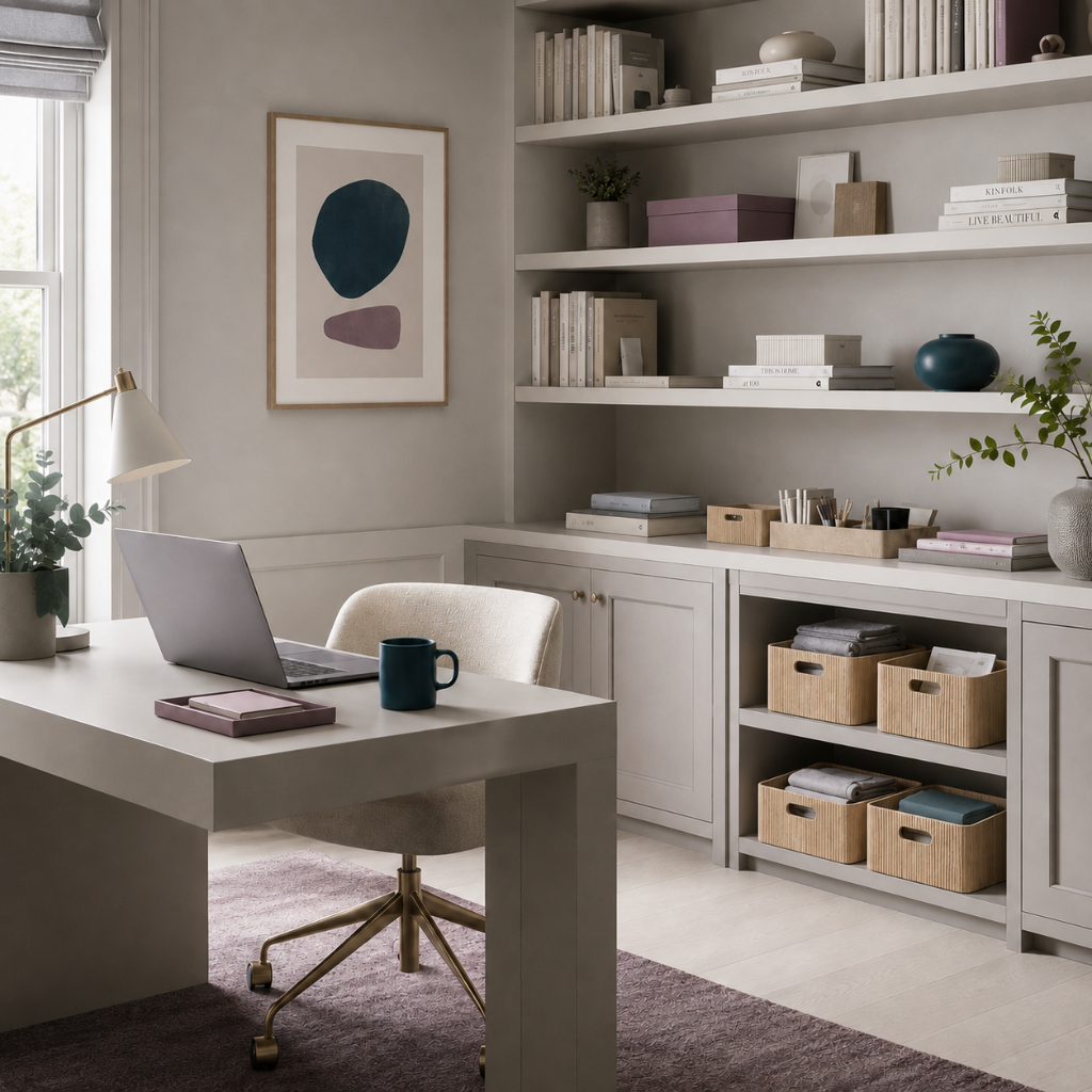 Natural wooden ribbed storage bins styled in a serene home office with organized shelves, soft stone cabinetry, mauve accents, and dark teal décor. — for Carpe Diem Dream