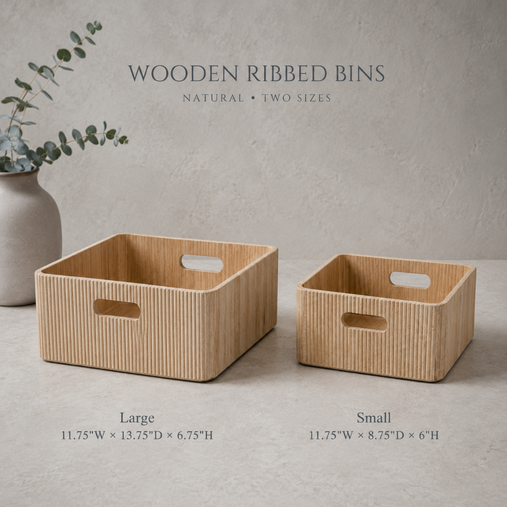 Natural wooden ribbed storage bins shown side by side in large and small sizes with dimensions on a soft stone editorial backdrop. — for Carpe Diem Dream