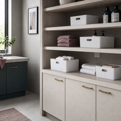 White wooden ribbed storage bins styled in a calm utility room with shelving, folded linens, and soft neutral organization accents. — for Carpe Diem Dream
