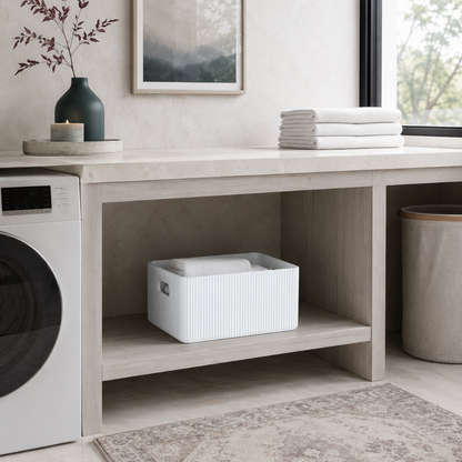 White wooden ribbed storage bin styled on a laundry room shelf with folded towels, soft stone surfaces, dark teal accents, and calm natural light. — for Carpe Diem Dream