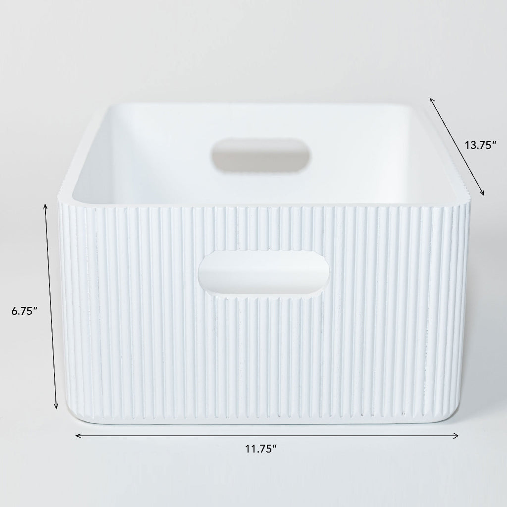 Large white wooden ribbed storage bin with cutout handles, rounded edges, fluted exterior, and dimensions shown. — for Carpe Diem Dream