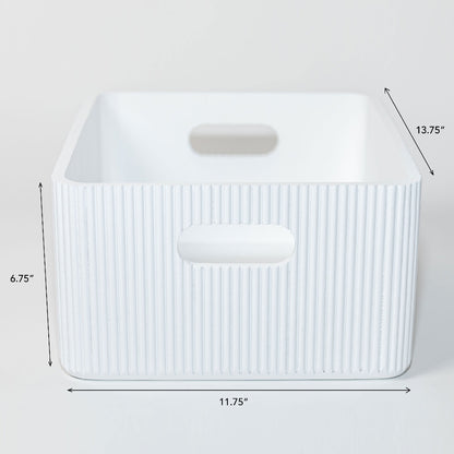 Large white wooden ribbed storage bin with cutout handles, rounded edges, fluted exterior, and dimensions shown. — for Carpe Diem Dream