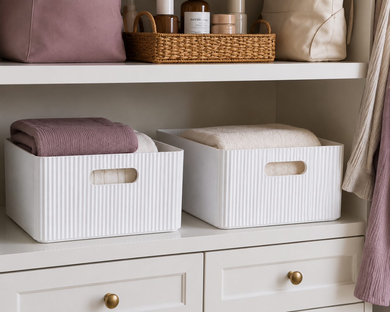 White wooden ribbed storage bins shown in use on closet shelves with folded linens, soft mauve textiles, and everyday organization accents. — for Carpe Diem Dream