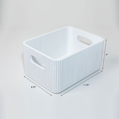 Small white wooden ribbed storage bin with cutout handles, rounded edges, fluted exterior, and dimensions shown. — for Carpe Diem Dream