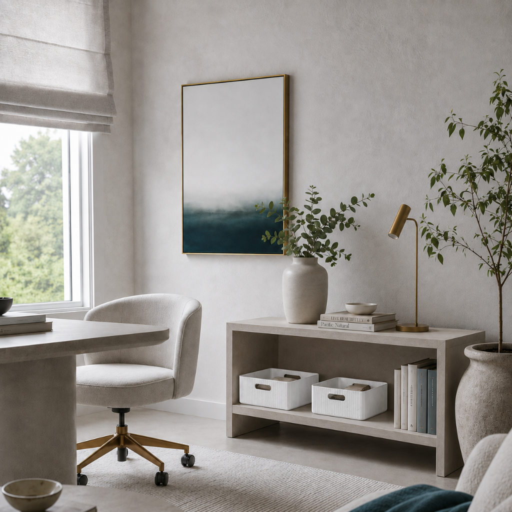 White wooden ribbed storage bins styled on a low home office shelf with books, soft stone décor, greenery, and dark teal accents. — for Carpe Diem Dream