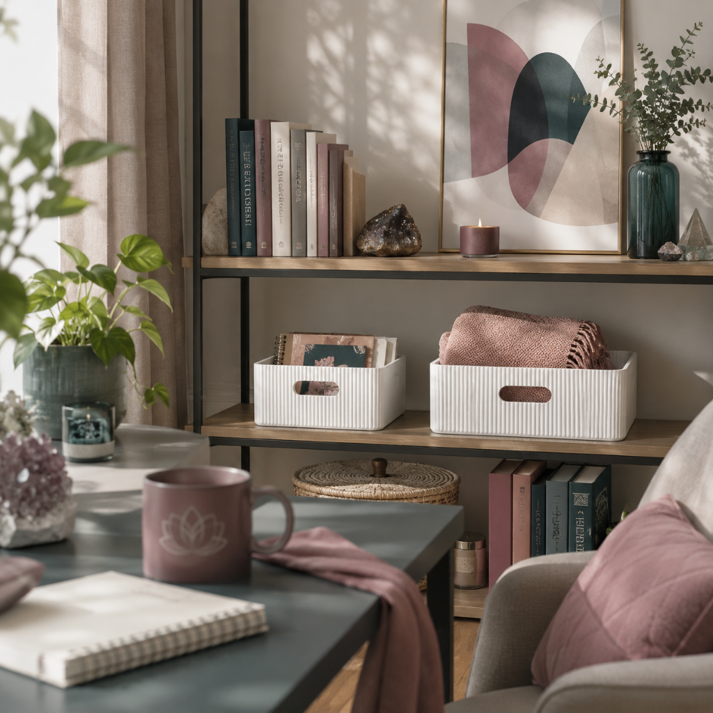 White wooden ribbed storage bins styled in a calm organized workspace with journals, folded textiles, greenery, mauve accents, and dark teal décor. — for Carpe Diem Dream