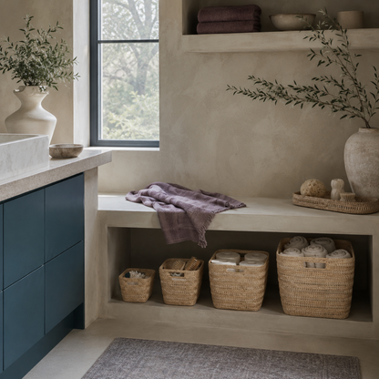Woven Rattan Cube Storage Baskets used for calm bathroom organization with natural rattan texture, rolled towels, dark teal cabinetry, mauve textiles, and soft stone accents. — for Carpe Diem Dream