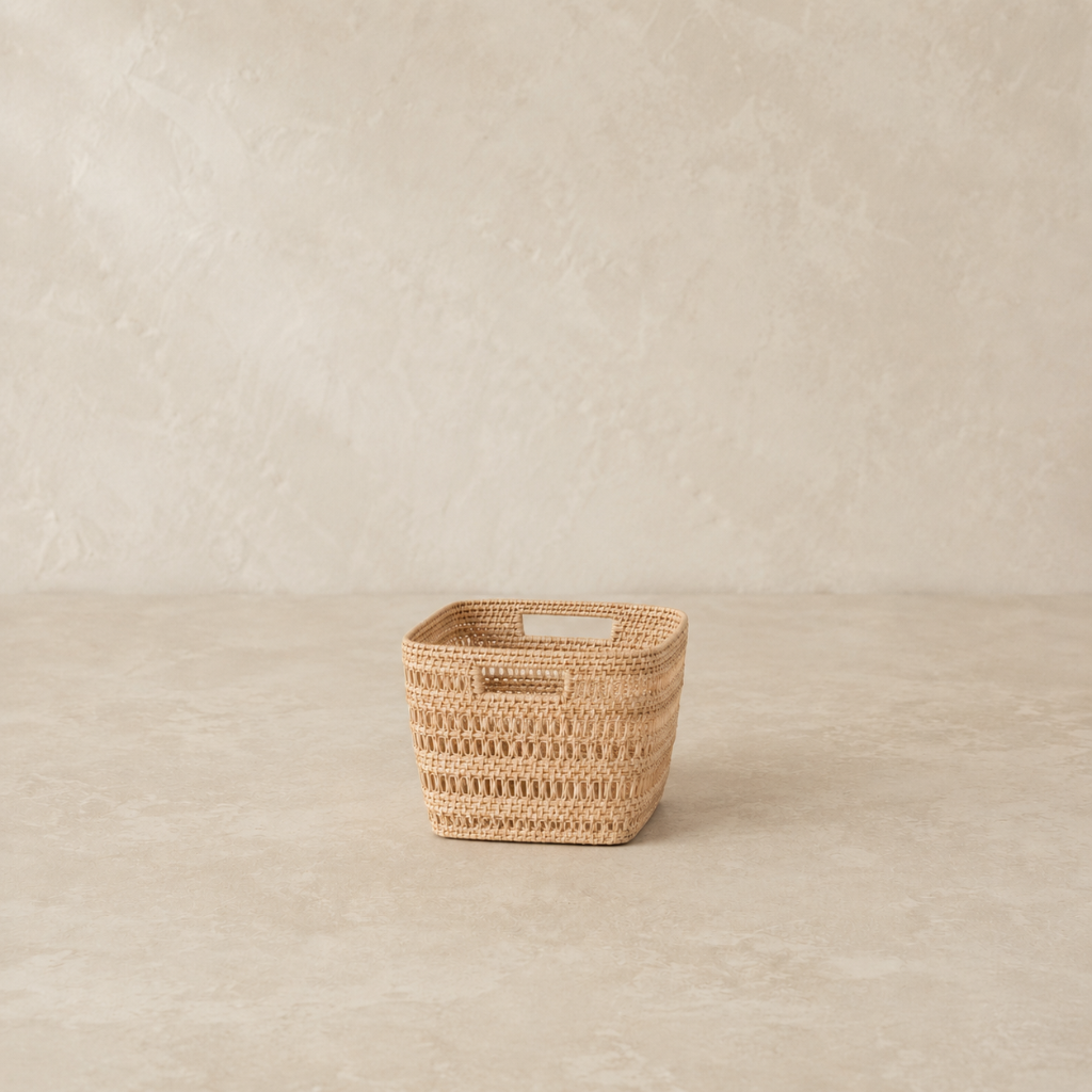 Extra small Woven Rattan Cube Storage Basket handcrafted from natural rattan with open weave detail and square cube shape. — for Carpe Diem Dream