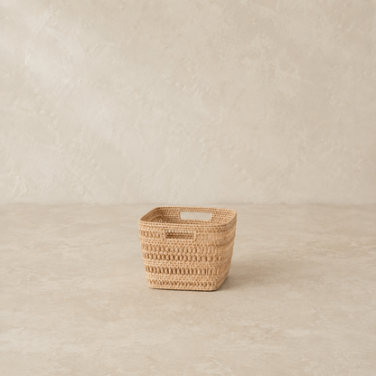 Extra small Woven Rattan Cube Storage Basket handcrafted from natural rattan with open weave detail and square cube shape. — for Carpe Diem Dream