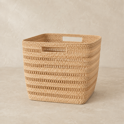 Large Woven Rattan Cube Storage Basket handcrafted from natural rattan with open weave detail, side handles, and square cube storage shape. — for Carpe Diem Dream