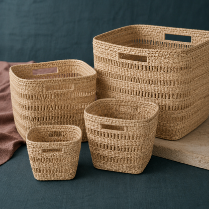 Woven Rattan Cube Storage Baskets in extra small, small, medium, and large sizes showing detailed natural rattan weave and handcrafted texture against a cool-toned dark teal backdrop. — Carpe Diem Dream