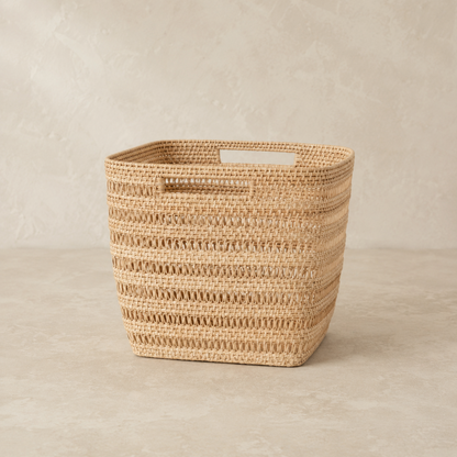 Medium Woven Rattan Cube Storage Basket handcrafted from natural rattan with open weave detail and square cube shape. — for Carpe Diem Dream