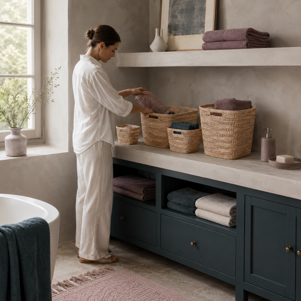 Person organizing towels in Woven Rattan Cube Storage Baskets in a cool-toned bathroom with dark teal cabinetry, mauve textiles, and natural rattan texture. — for Carpe Diem Dream