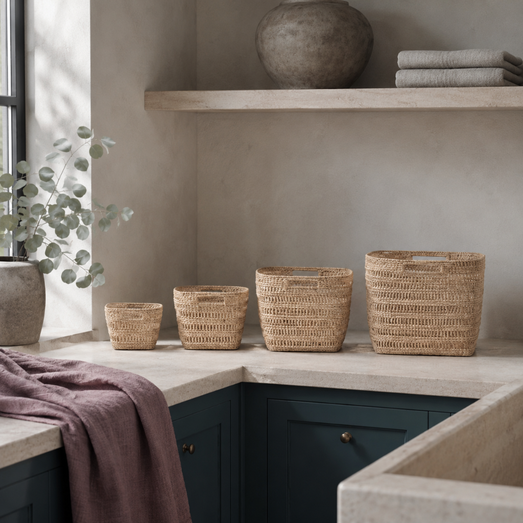 Woven Rattan Cube Storage Baskets set of four handcrafted rattan storage baskets styled in a serene bathroom nook with dark teal cabinetry, mauve linen, eucalyptus, and soft stone textures. — for Carpe Diem Dream
