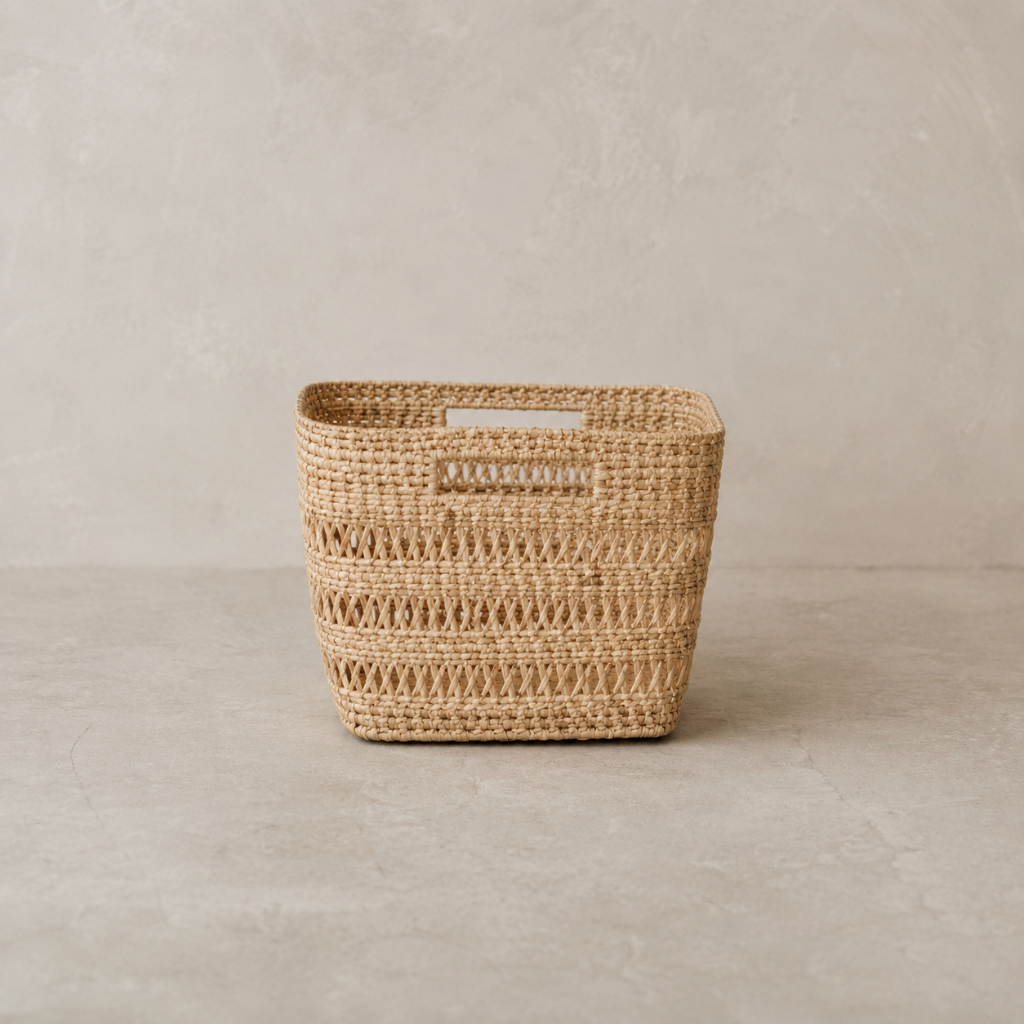 Small Woven Rattan Cube Storage Basket handcrafted from natural rattan with open weave detail and square cube shape. — for Carpe Diem Dream