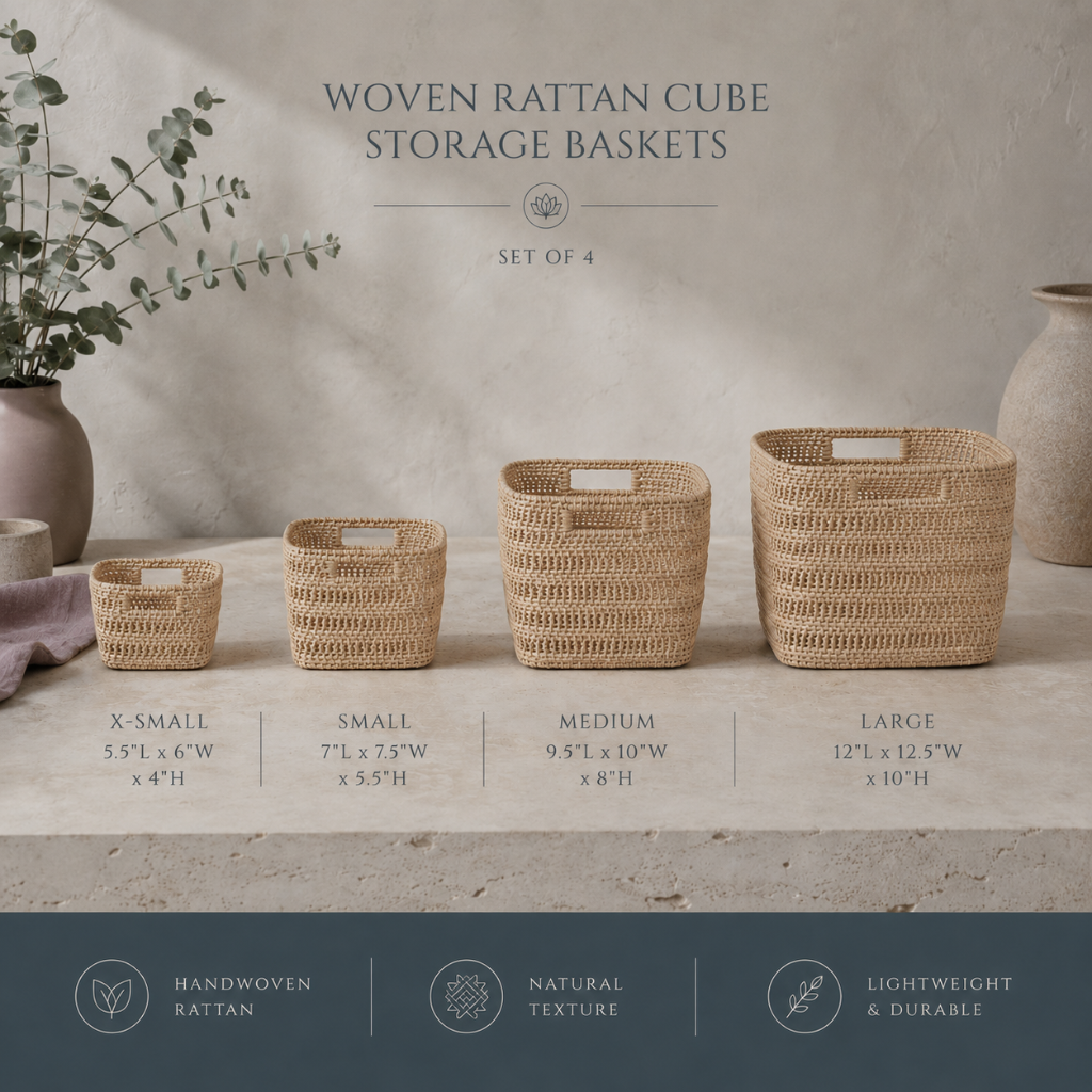 Woven Rattan Cube Storage Baskets set of four handcrafted rattan baskets showing extra small, small, medium, and large sizes with natural texture and storage handles. — for Carpe Diem Dream